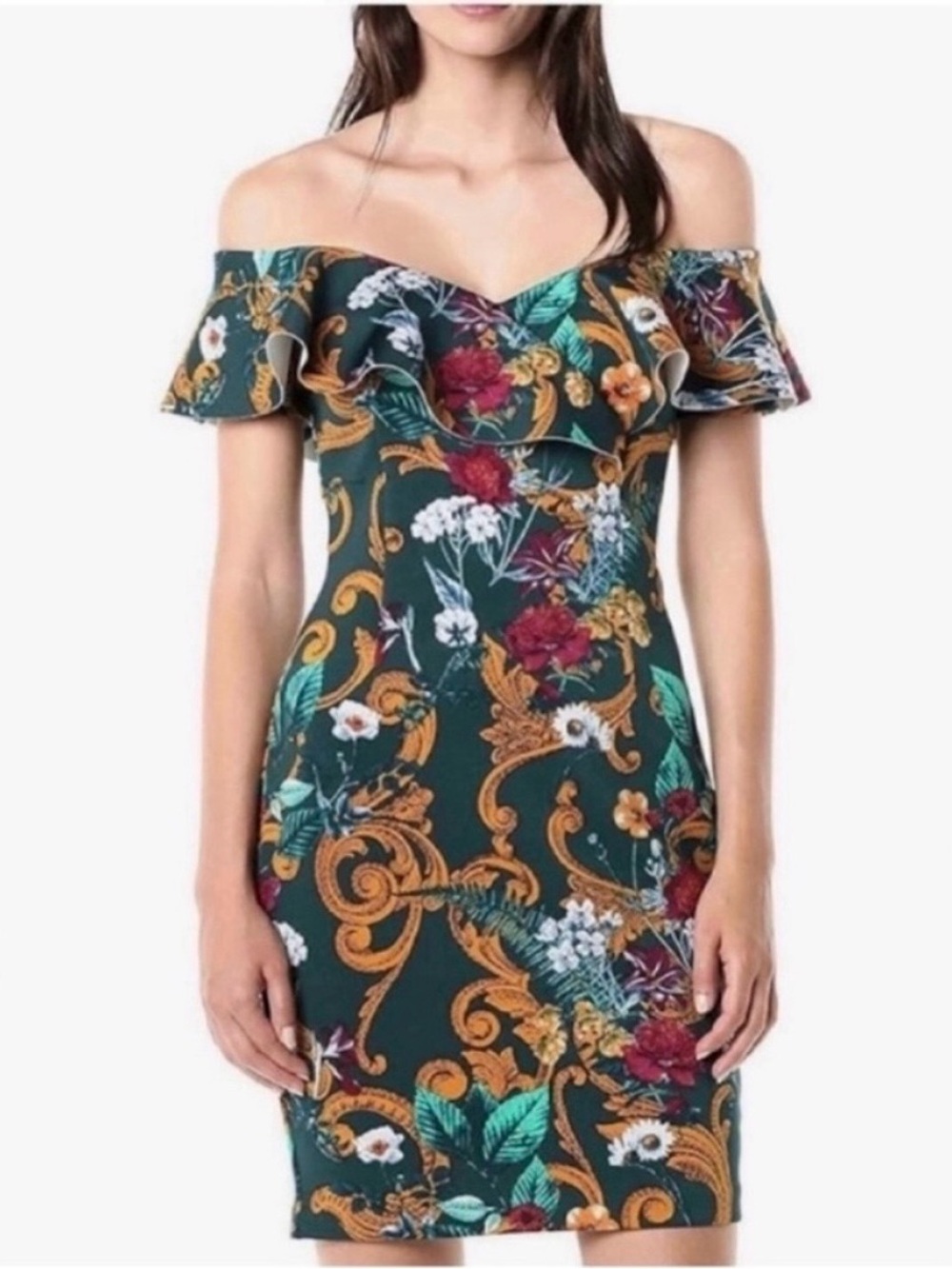 💚💛 NWT! GUESS Green & Gold Gilded Garden Teal Off the Shoulder Dress - Size XL